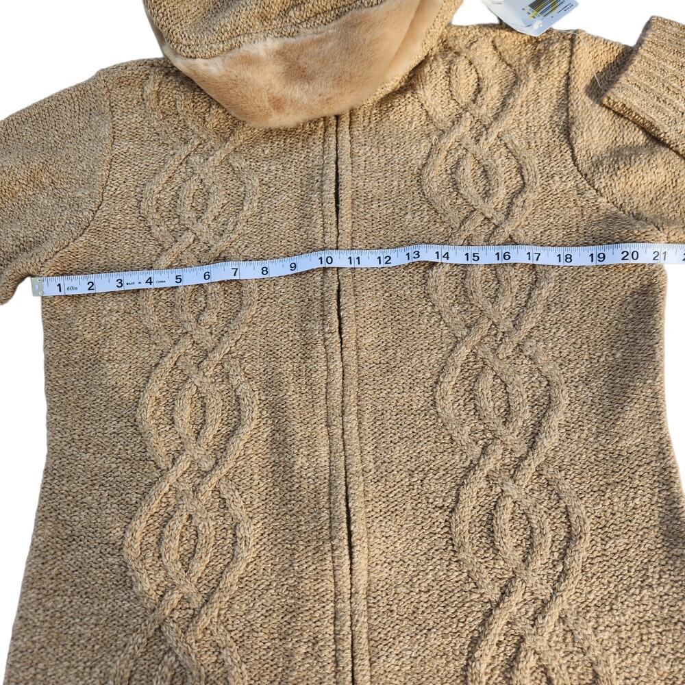 Small Oversized Tan Knit Coat Jacket Faux Fur Hood Zip Heavy Y2K Cozy - Picture 5 of 12